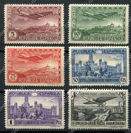 Испания 1931 г. • Mi# 592-597 • 5 c. - 4 pt. • 3-й Панамериканский почтовый конгресс(Мадрид) • авиапочта • полн. серия • MH OG F ( кат.- €35 )