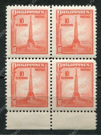 Филиппины 1947 г. • SC# 505 • 10 c. • Монумент Бонифасио • стандарт • кв. блок • MNH OG XF ( кат. - $2+ )
