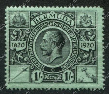Бермуды 1921 г. • Gb# 73 • 1 sh. • 300-летие губернаторства на островах • Георг V • MLH OG VF ( кат. - £25 )