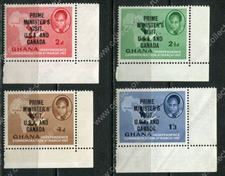 Гана 1958 г. • Gb# 197-200 • 2 d. - 1s.3d. • визит премьер-министра Крумы в США и Канаду • надпечатки • полн. серия • MNH OG XF+