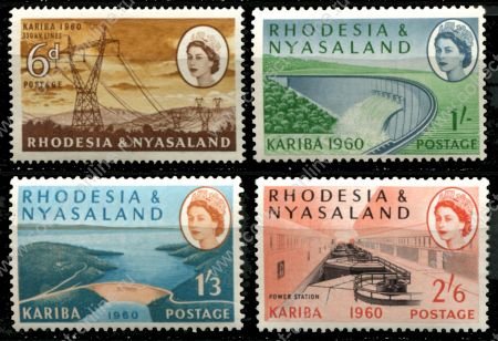 Родезия и Ньясаленд 1960 г. • Gb# 33-36 • 6 d. - 2s.6d. • Открытие каскада гидроэлектростанций Кариба ( 4 марки ) • MNH OG XF ( кат.- £ 11 )