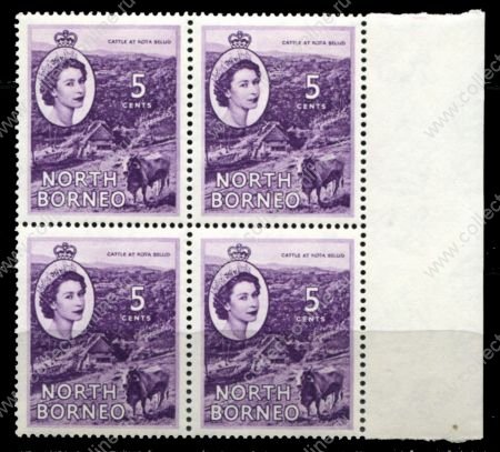 Северное Борнео 1954-1959 гг. • Gb# 376 • 5 c. • Елизавета II основной выпуск • корова • кв. блок • MNH OG XF+ ( кат. - £4+ )