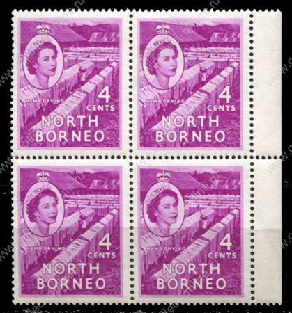 Северное Борнео 1954-1959 гг. • Gb# 375 • 4 c. • Елизавета II основной выпуск • сушка конопли • кв. блок • MNH OG XF+ ( кат. - £8+ )