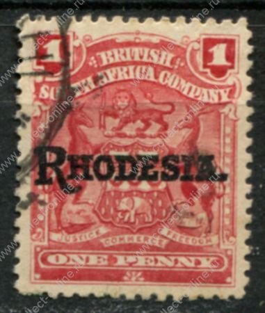 Родезия 1909-1912 гг. • Gb# 101 • 1 d. • герб колонии • надпечатка • "Rhodesia." • стандарт • Used XF ( кат.- £ 2 )