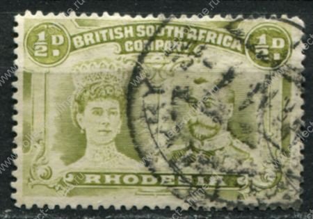 Родезия 1910-1913 гг. • Gb# 121 • ½ d. • "Две головы" • перф. - 14 (оливково-зелёная) • Used XF ( кат.- £6 )