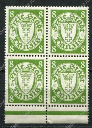 Данциг 1938-1939 гг. • Mi# 291 • 8 pf. • в.з. - 5 (свастика) • герб города • стандарт • кв. блок • MNH OG XF+ ( кат.- € 90+ )