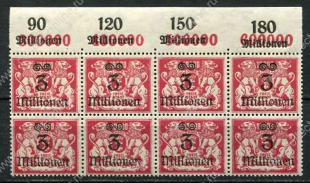 Данциг 1923 г. • Mi# 166 • 3 mln. на 10000 M. • в.з. - 3Y • надпечатка нов. номинала • стандарт • блок 8 м. • MNH OG XF+ ( кат.- € 12+ )