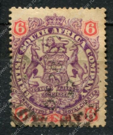 Родезия 1896-1897 гг. • Gb# 46 • 6 d. • 2-й выпуск (без точки у хвоста) • герб колонии • Used VF
