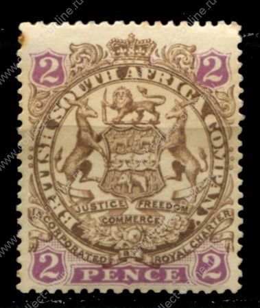 Родезия 1896-1897 гг. • Gb# 43a • 2 d. • 2-й выпуск (без точки у хвоста) • герб колонии • MH OG VF ( кат.- £40 )