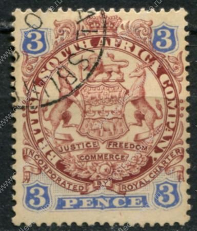 Родезия 1896-1897 гг. • Gb# 31 • 3 d. • 1-й выпуск (с точкой у хвоста) • герб колонии • Used XF+ ( кат.- £ 3 )
