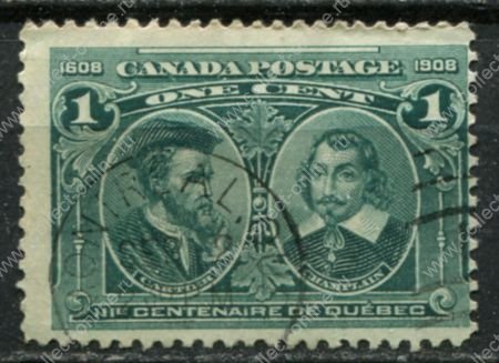 Канада 1908 г. • SC# 97 • 1 c. • 300-летие Квебека • Ж. Картье и С. Чамплейн • Used F-VF ( кат.- $6 )