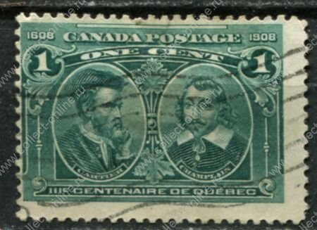 Канада 1908 г. • SC# 97 • 1 c. • 300-летие Квебека • Ж. Картье и С. Чамплейн • Used F-VF ( кат.- $6 )