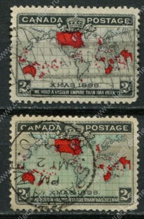 Канада 1898 г. • SC# 85-6 • 2 c.(2) • Единая пенни-почта • карта Британской Империи • полн. серия • Used VF+ ( кат.- $ 18 )
