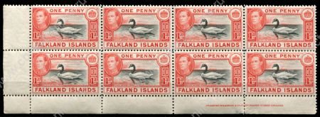 Фолклендские о-ва 1938-1950 гг. • Gb# 147a • 1 d. • Георг VI • основной выпуск • Черношейный лебедь • оранж.-красная • блок 8 марок • MNH OG XF+ ( кат. - £32++ )