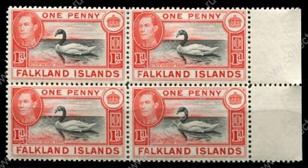 Фолклендские о-ва 1938-1950 гг. • Gb# 147a • 1 d. • Георг VI • основной выпуск • Черношейный лебедь • оранж.-красная • кв. блок • MNH OG XF+ ( кат. - £16+ )