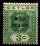 Цейлон 1918-1919 гг. • Gb# 332 • 3 c. • военный налог • надпечатка • "war stamp" • фискальный выпуск • MNH OG VF