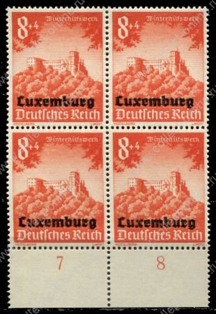 Люксембург • Немецкая оккупация 1941 г. • Mi# 37 (SC# NB5 ) • 8+4 pf. • Фонд зимней помощи (надпечатки на марках Германии) • благотворительный выпуск • кв. блок • MNH OG XF+