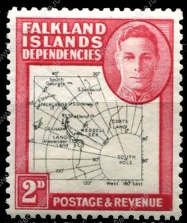 Фолклендские зависимые территории 1949 г. • Gb# G11 • 2 d. • карта островов (тонкие линии) • MH OG VF (кат. - £2.75)