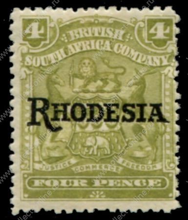 Родезия 1909-1912 гг. • Gb# 105 • 4 d. • герб колонии • надпечатка • "Rhodesia" • стандарт • MH OG XF ( кат.- £ 19 )