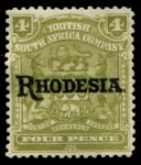 Родезия 1909-1912 гг. • Gb# 105 • 4 d. • герб колонии • надпечатка • "Rhodesia" • стандарт • MH OG XF ( кат.- £ 19 )