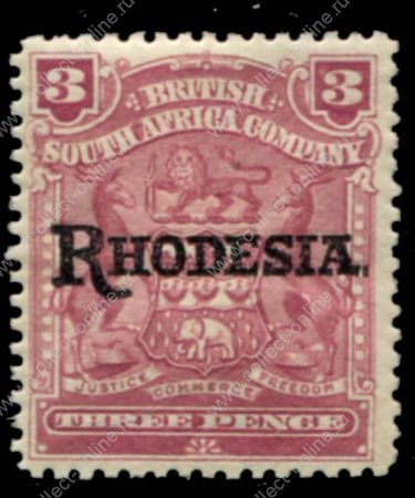 Родезия 1909-1912 гг. • Gb# 104 • 3 d. • герб колонии • надпечатка • "Rhodesia" • стандарт • MH OG XF ( кат.- £ 6 )