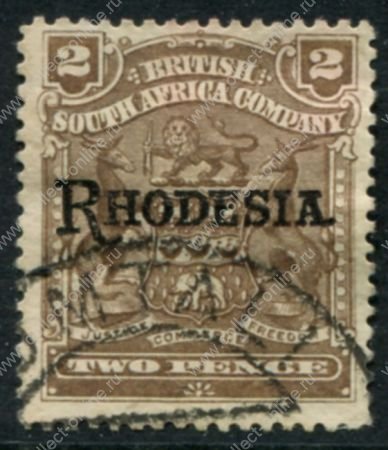 Родезия 1909-1912 гг. • Gb# 102 • 2 d. • герб колонии • надпечатка • "Rhodesia." • стандарт • Used XF ( кат.- £ 11 )