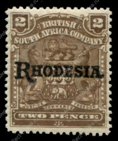 Родезия 1909-1912 гг. • Gb# 102 • 2 d. • герб колонии • надпечатка • "Rhodesia." • стандарт • MH OG XF+ ( кат.- £ 8 )