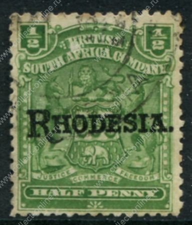 Родезия 1909-1912 гг. • Gb# 100 • ½ d. • герб колонии • надпечатка • "Rhodesia." • стандарт • Used VF ( кат.- £ 3.50 )