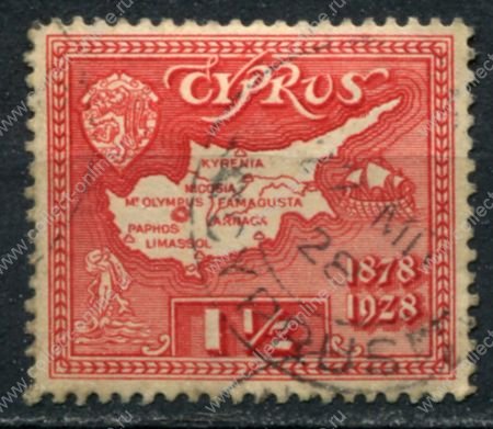 Кипр 1928 г. • Gb# 125 • 1½ pi. • 50-летие Британского правления • карта острова • Used VF ( кат.- £2.5 )