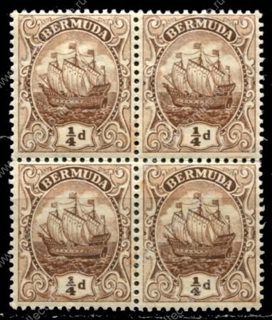 Бермуды 1906-1925 гг. • Gb# 44a • ¼ d. • парусник • стандарт • кв. блок • MNH OG VF ( кат. - £12+ )