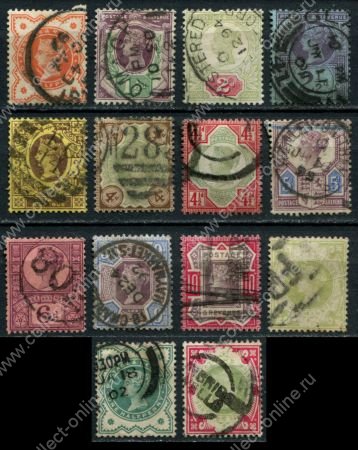 Великобритания 1887-1892 гг. • Gb# 197-211,213-4 • ½ d. - 1 sh. • Королева Виктория • "Юбилейная" - 50-летие правления • полн. серия (14 номиналов) • Used F-VF ( кат.- £ 380 )