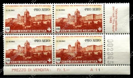 Швейцария 1943 г. • Mi# 422 • 1 fr. • надпечатка • "PRO AERO" • авиапочта • № кв. блок • MNH OG XF+ ( кат.- € 26+ )