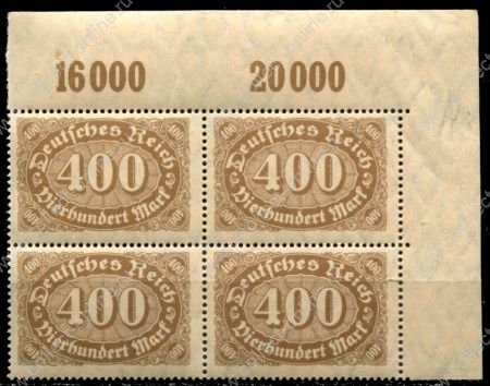 Германия 1922 г. • Mi# 222 • 400 марок • стандарт • кв.блок • MNH OG XF+ ( кат.- € 8+ )