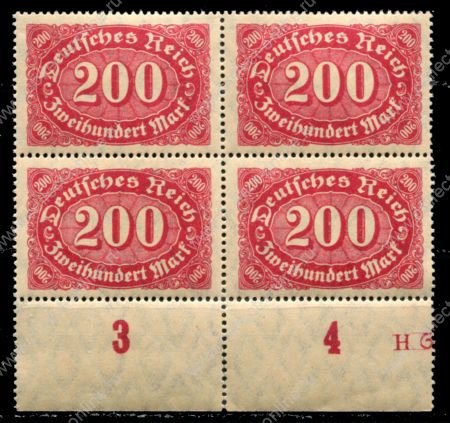 Германия 1922 г. • Mi# 220 • 200 марок • стандарт • №* кв.блок • MNH OG XF ( кат.- € 5+ )