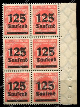 Германия 1923 г. • Mi# 291 • 125 тыс. на 1000 марок • надпечатка нов. номинала • стандарт • № блок 6 марок • MNH OG XF+ ( кат.- € 6 )