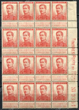 Бельгия 1912-1913 гг. • Mi# 100 II • 10 c. • Король Альберт I • стандарт • блок 16 марок • MNH OG XF+*