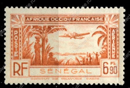 Сенегал 1940 г. • Iv# A17 • 6.90 fr. • двухмоторный самолёт над джунглями • авиапочта • MH OG VF