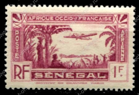 Сенегал 1935 г. • Iv# A3 • 1 fr. • двухмоторный самолёт над джунглями • авиапочта • MH OG VF