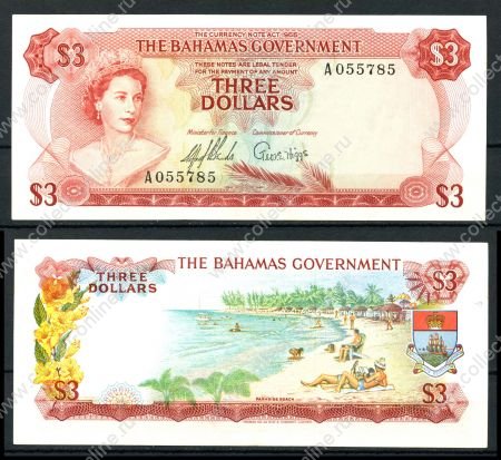 Багамы 1965 г. • P# 19a • 3 доллара • Елизавета II • пляж • регулярный выпуск • 2 подписи • AU+ ( кат. - $125+ )