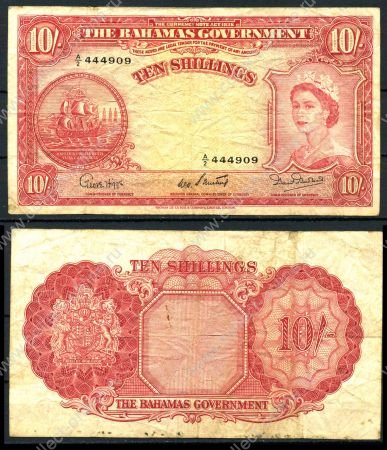 БАГАМЫ 1953г. P#14b / 10 ШИЛЛИНГОВ / F / ГЕРБЫ КОРАБЛИ